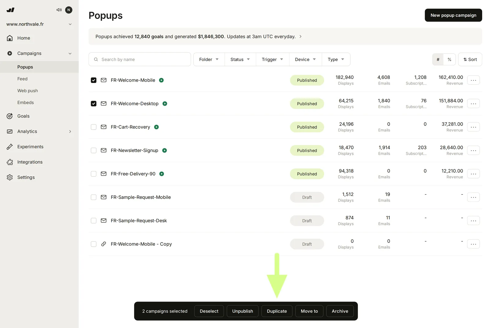 Several campaigns selected, with the contextual action menu open at the bottom