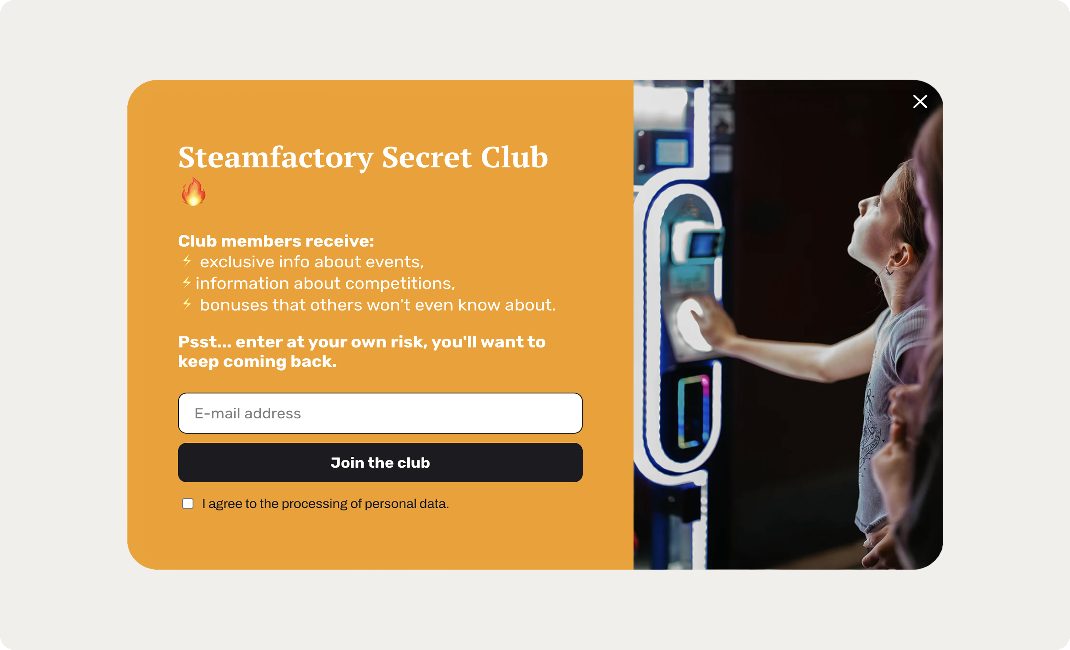 orange sign-up form for a club, highlighting exclusive benefits and email entry field.