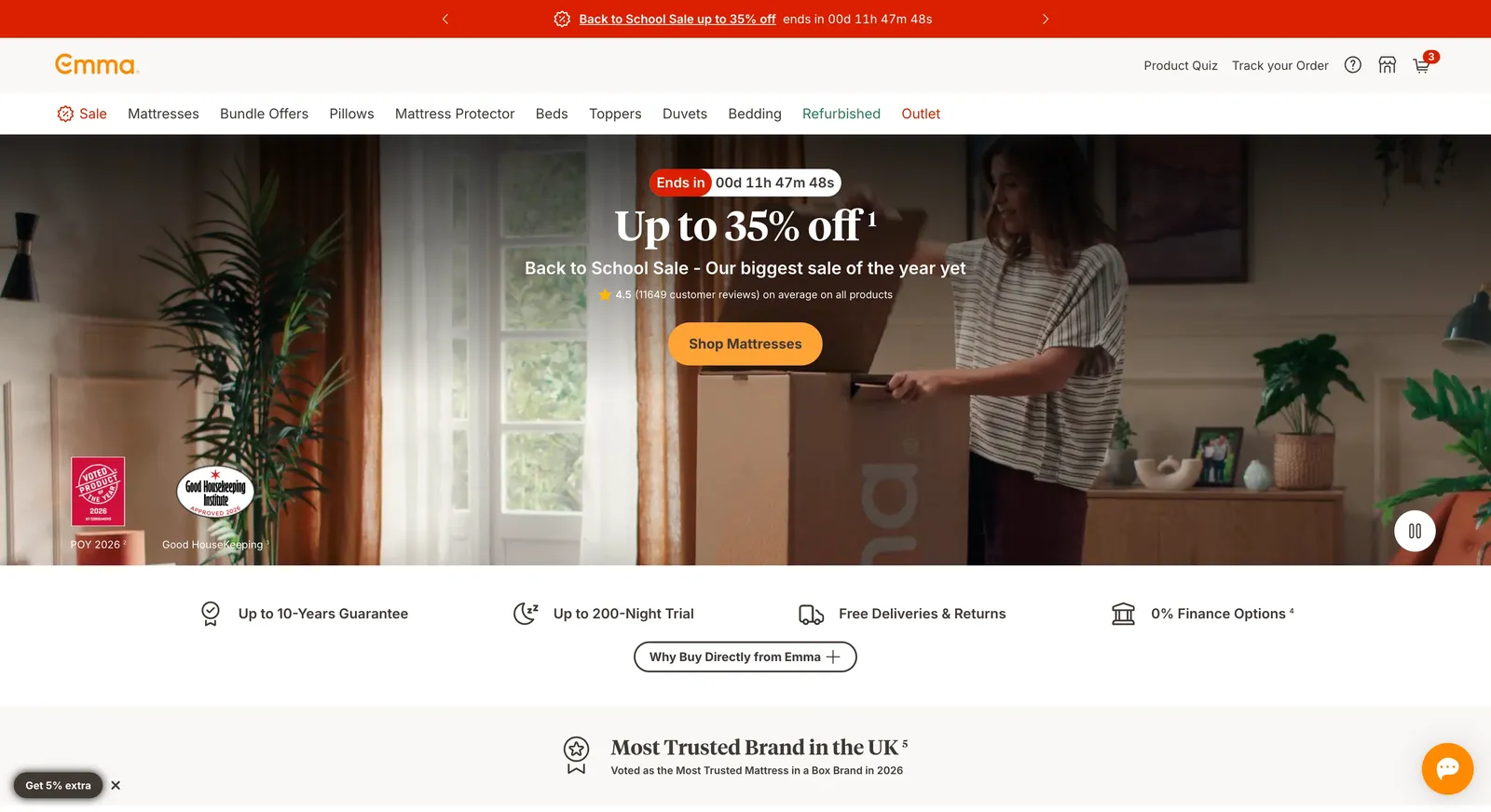 Emma homepage with the product quiz and service promise row