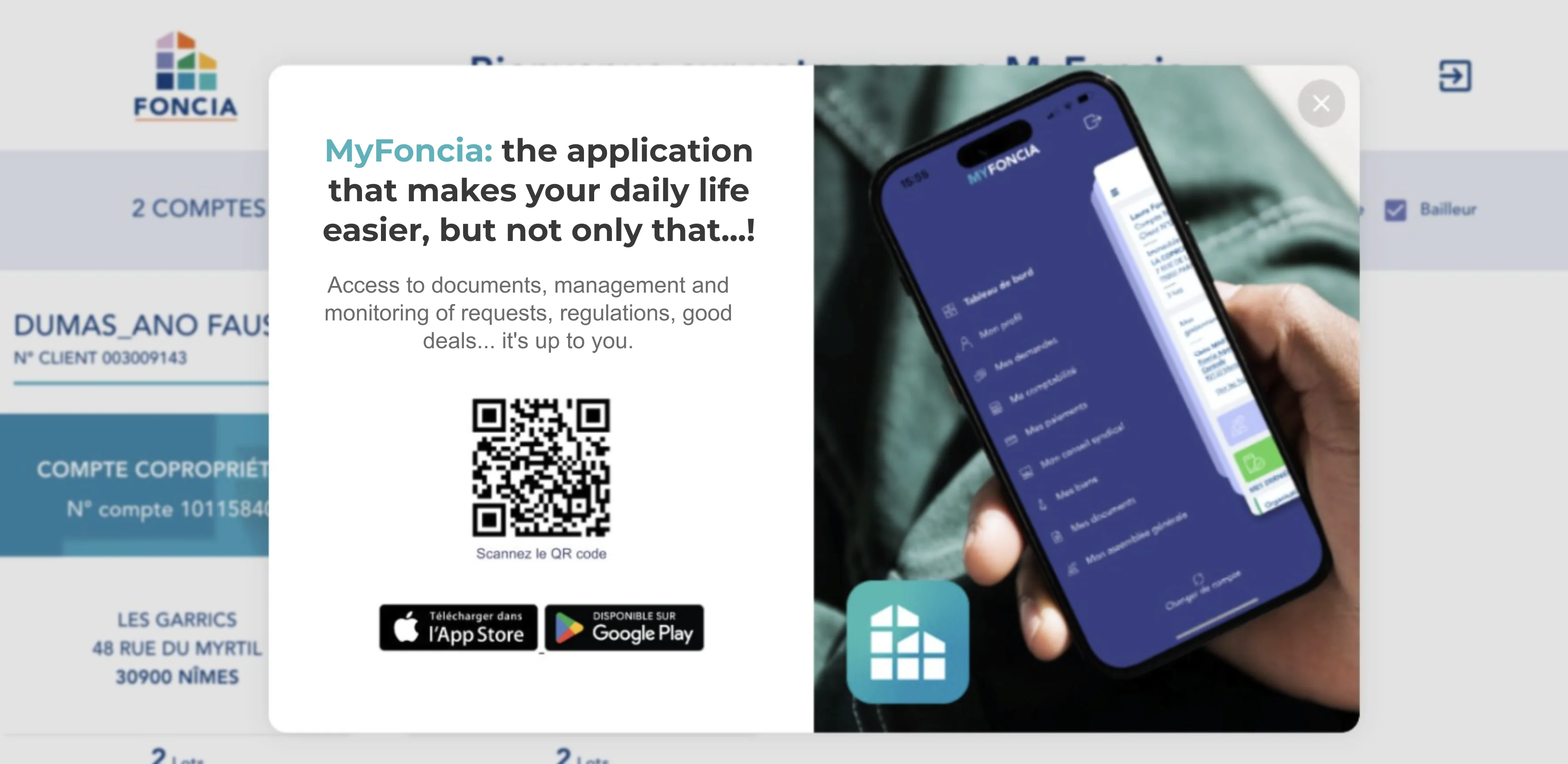 popup with a qr code to download an app