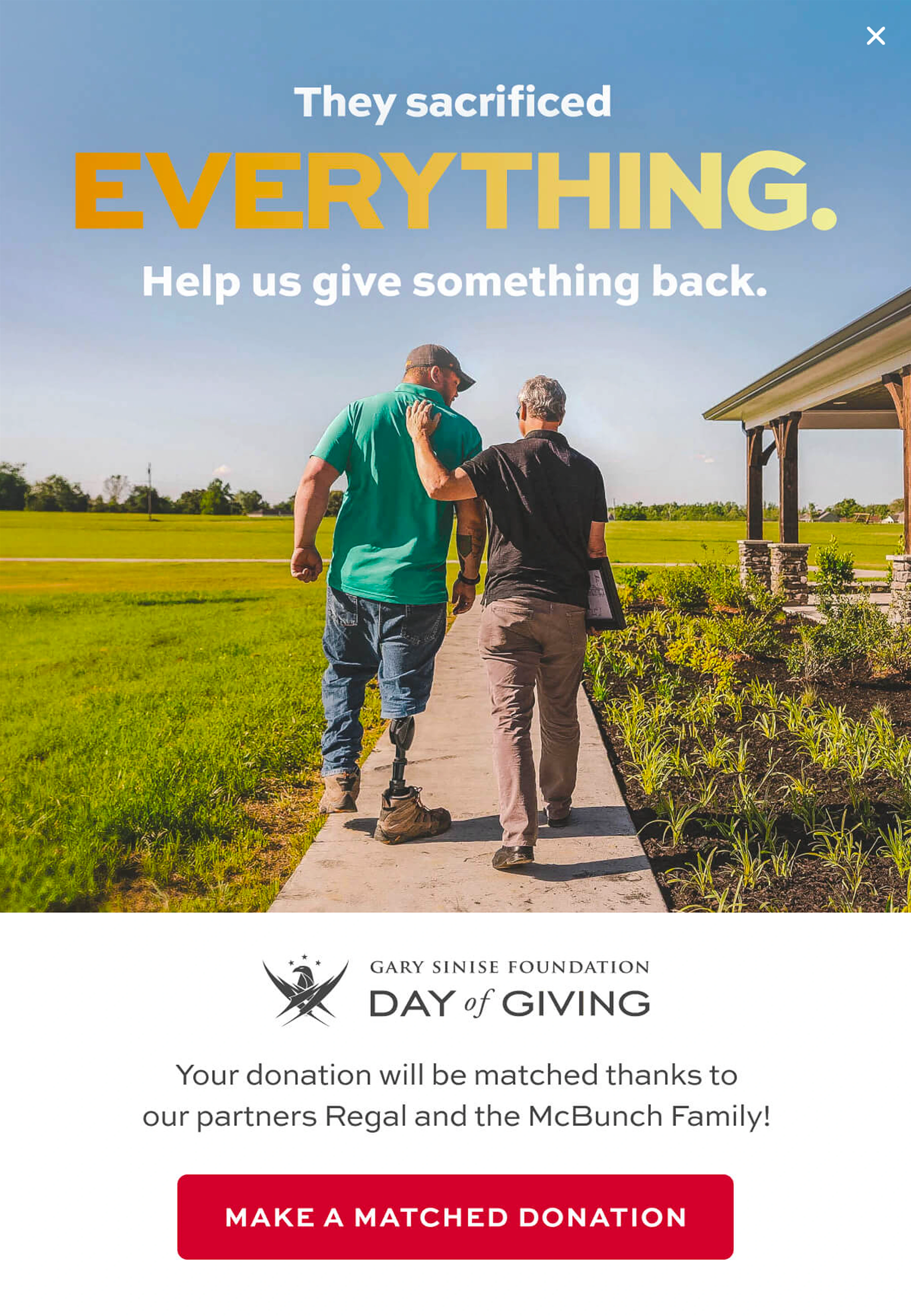 Gary Sinise Foundation Day of Giving popup — named sponsor matched donation CTA