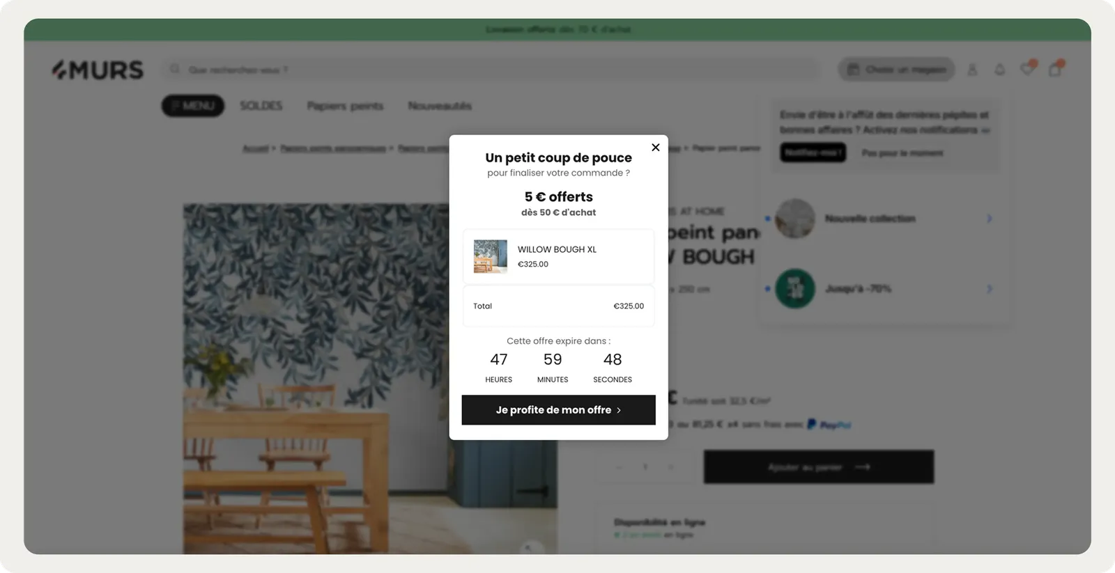 4murs AI cart recovery popup showing live cart contents