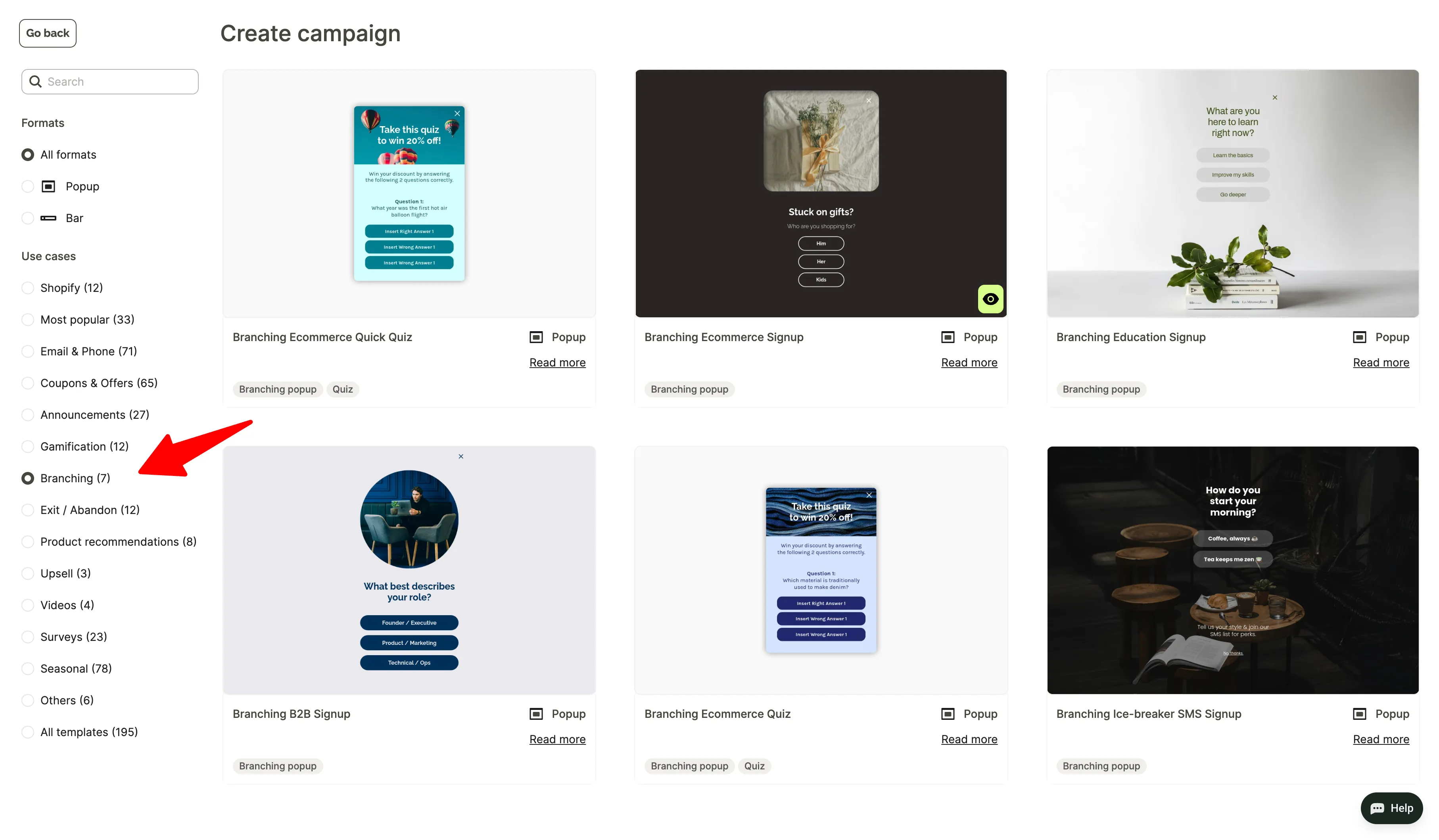 Dashboard displaying various campaign templates with thumbnails, formats, and titles. A red arrow points to "Branching" under Gamification.