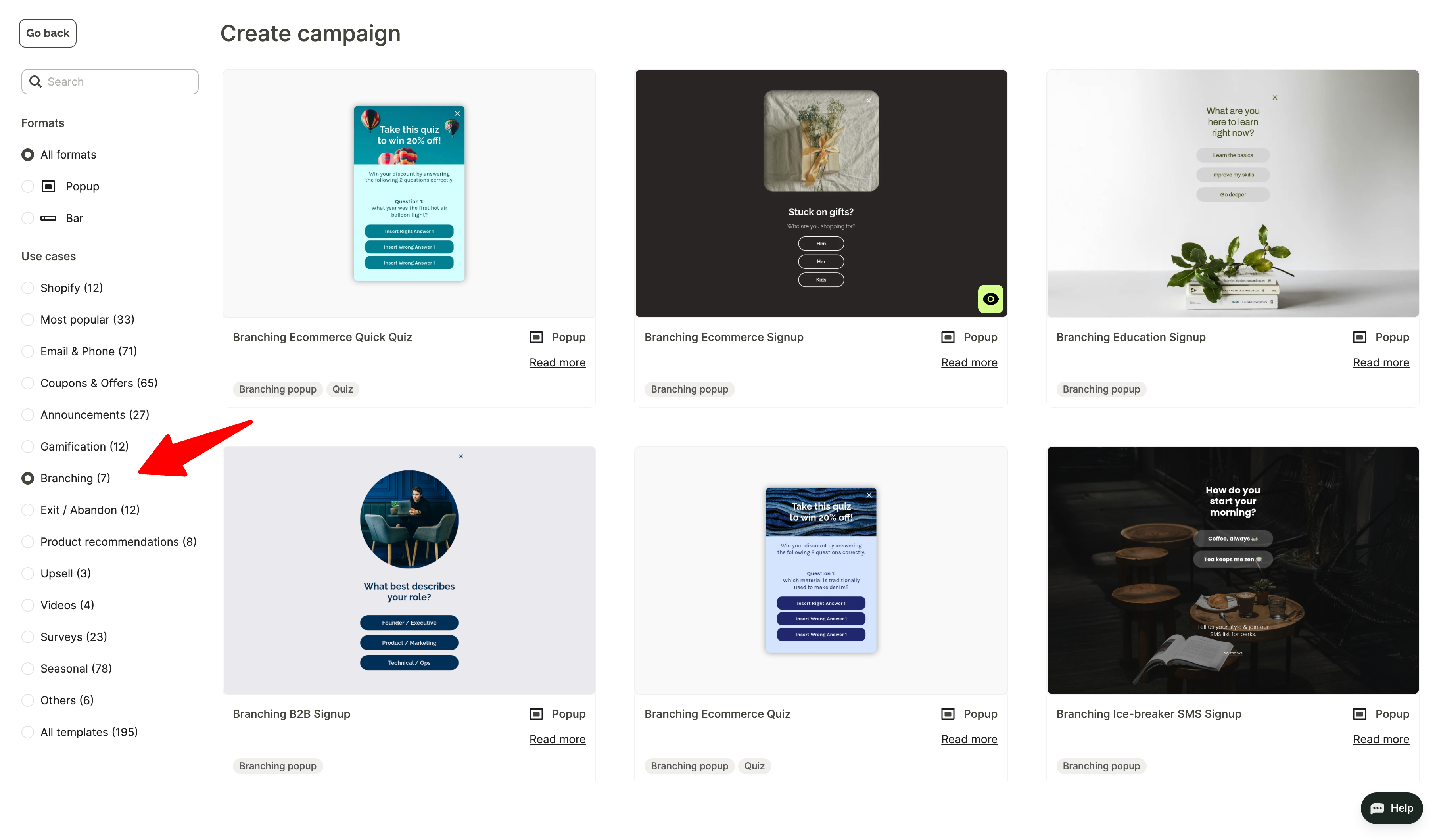 Dashboard displaying various campaign templates with thumbnails, formats, and titles. A red arrow points to "Branching" under Gamification.