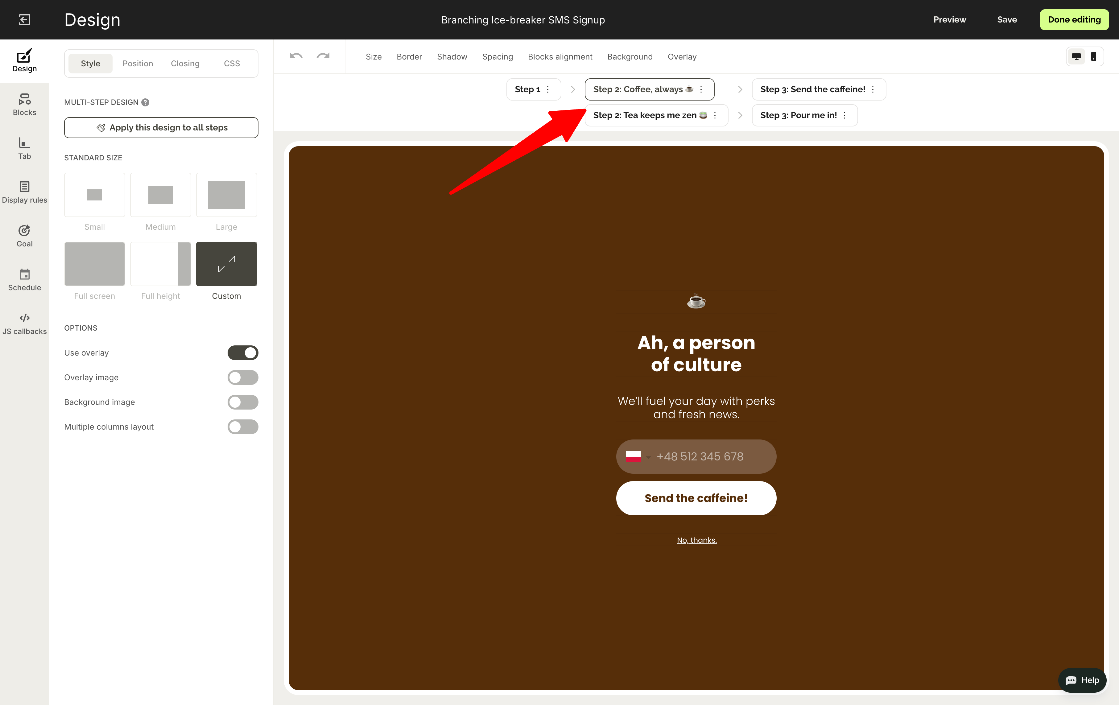 Design interface showing a webpage with a brown background and text, "Ah, a person of culture." Red arrow points to a navigation step.