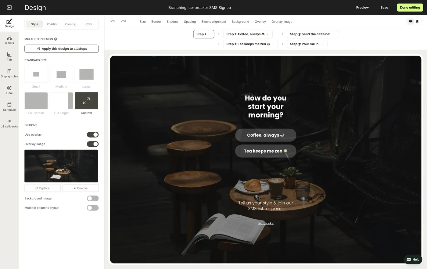 A two-step campaign in the Wisepops editor, step one selected
