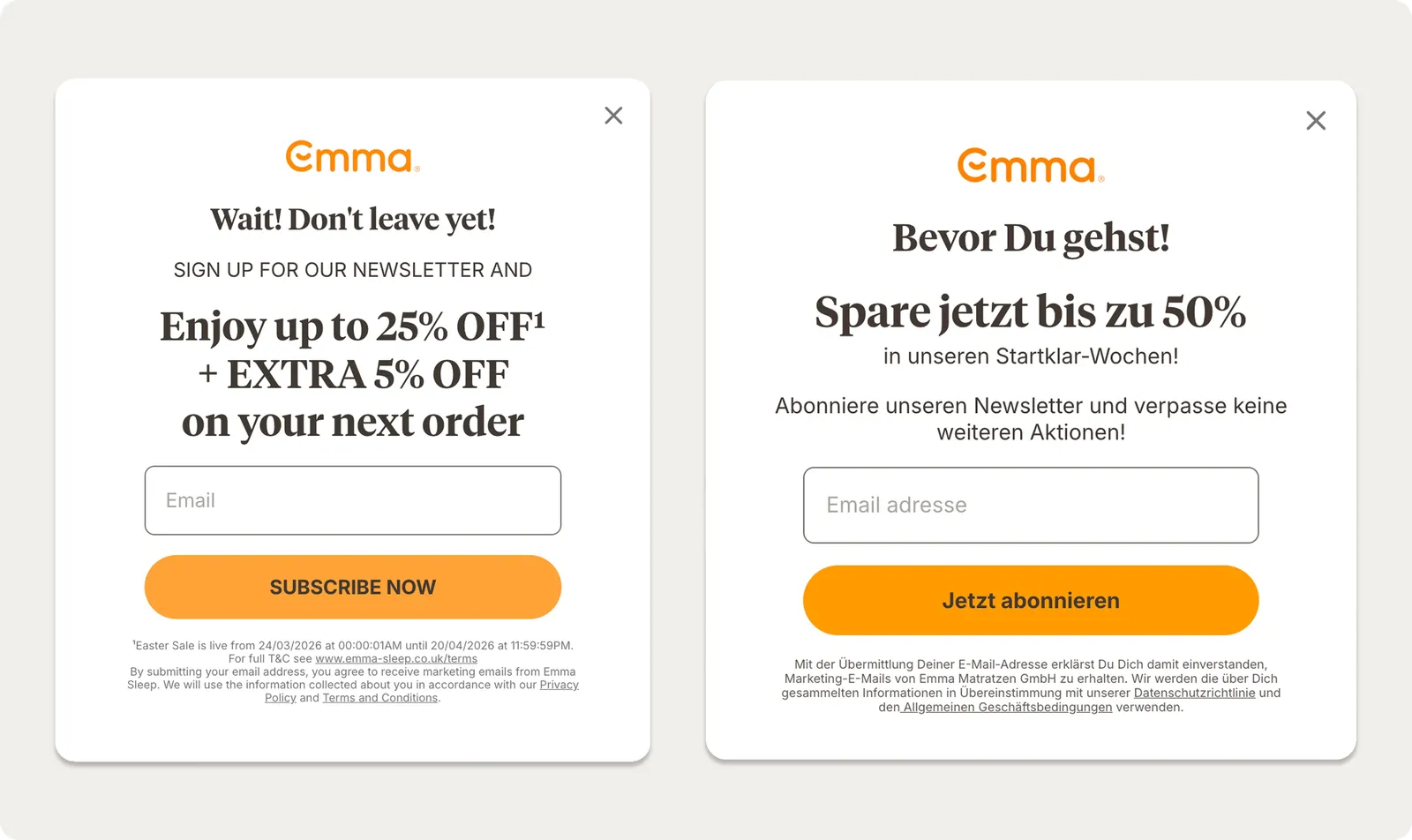 Emma Sleep's exit campaign on their English and German sites