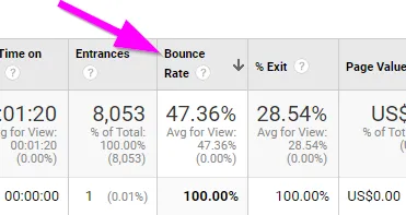 A screen from Google Analytics that point to bounce rate column
