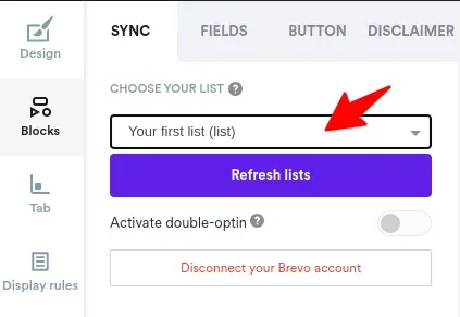 brevo lists in Wisepops
