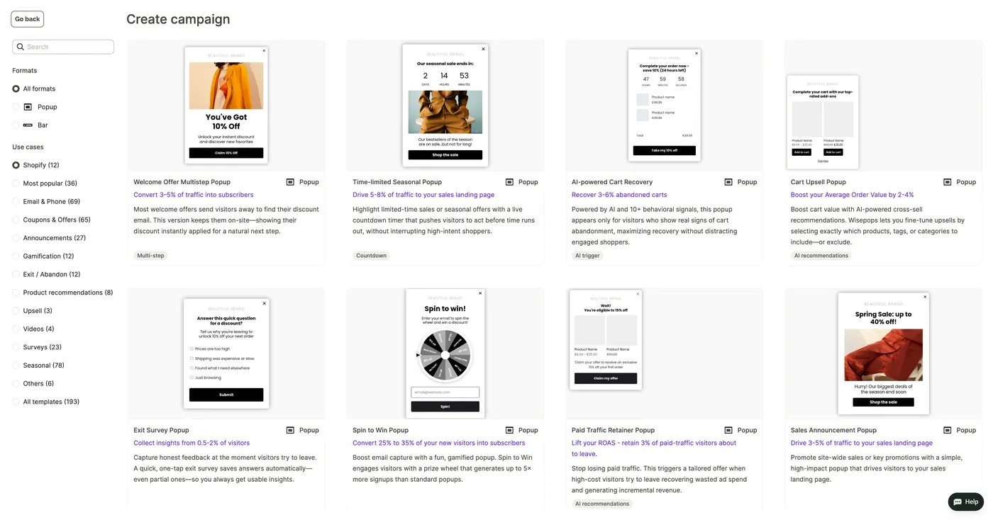 The Wisepops template gallery