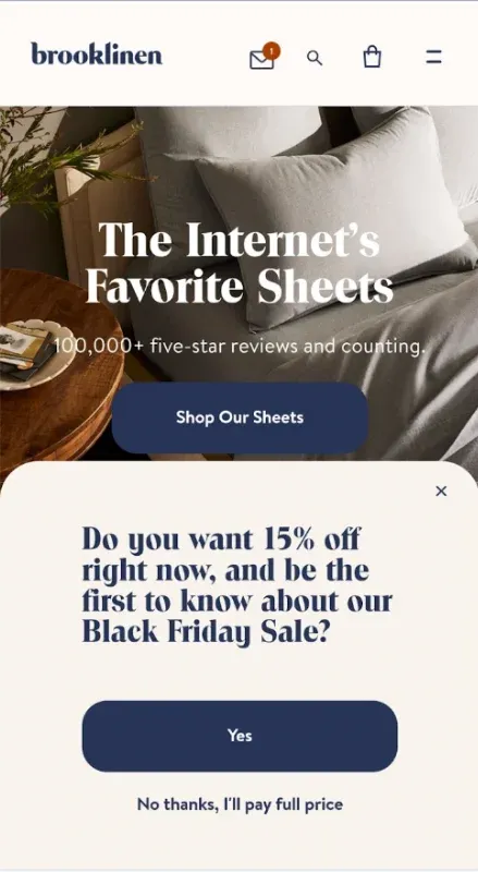 mobile optimized popup brooklinen