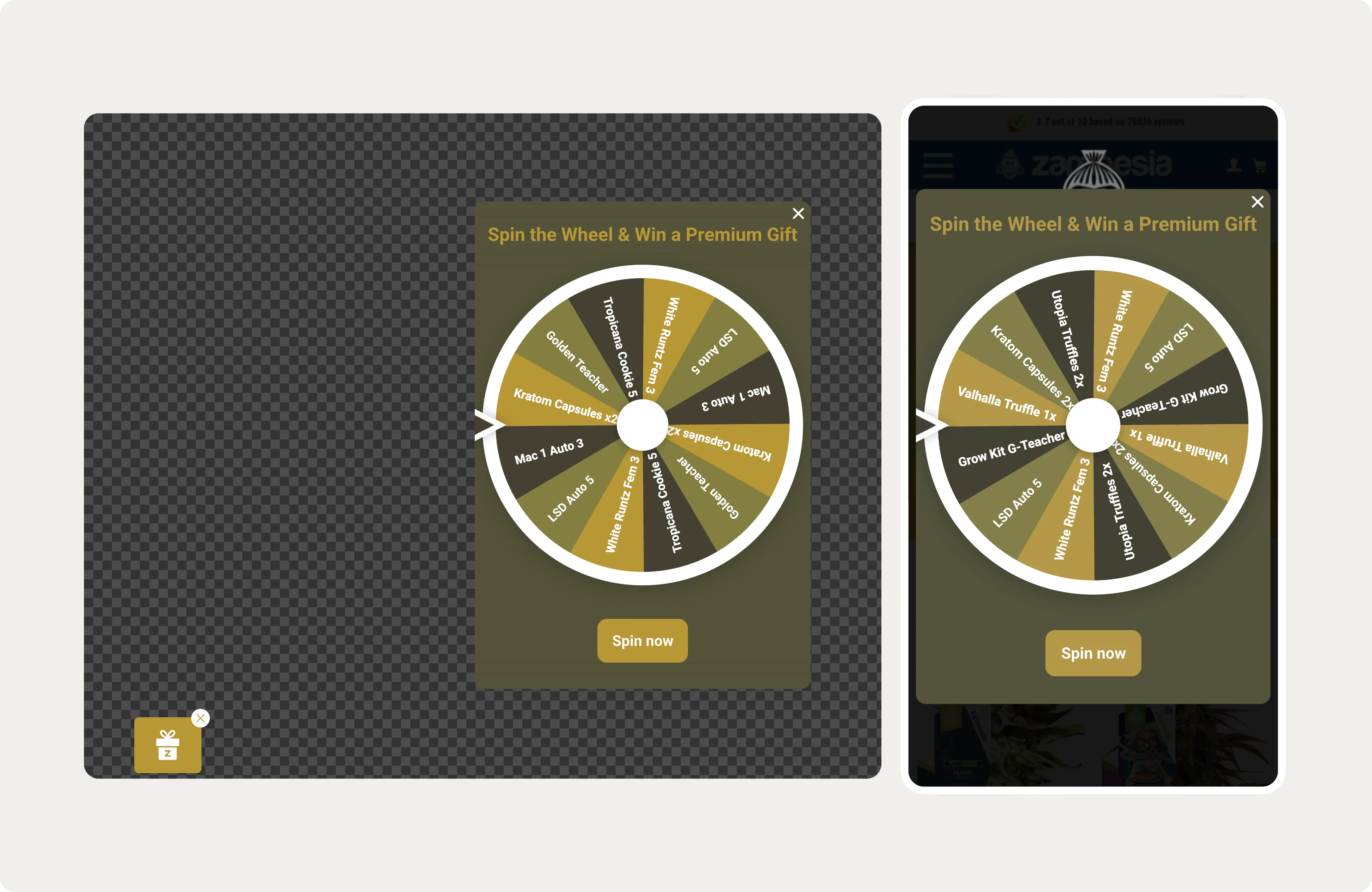Zamnesia Tribe Week spinning wheel, popup versus in-page embed