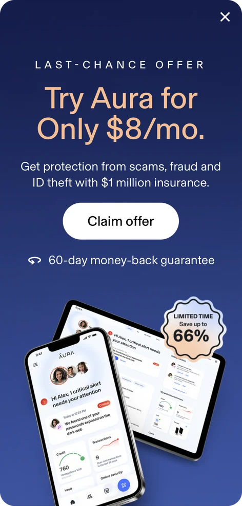 Aura mobile popup with a last-chance offer: try Aura for 8 dollars a month