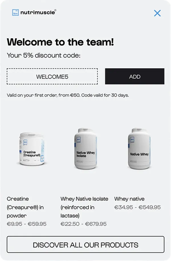 Nutrimuscle three-step popup collecting sport type and training frequency