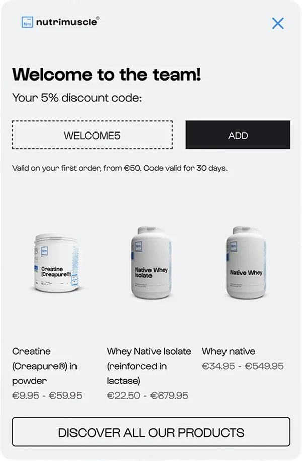 Nutrimuscle popup recommending products picked by AI from what the visitor browsed