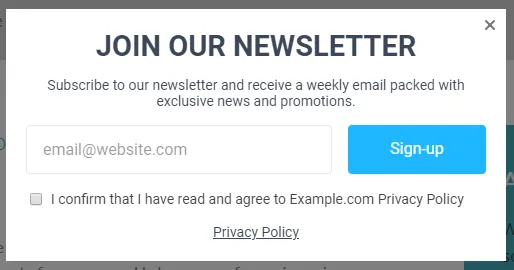 GDPR-compliant popup example including a checkbox