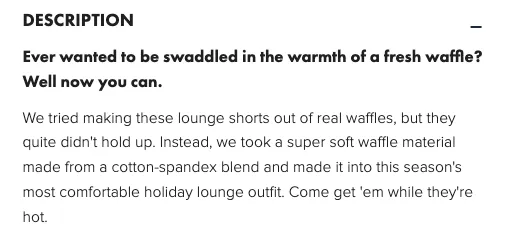 Chubbies product description example for clothing