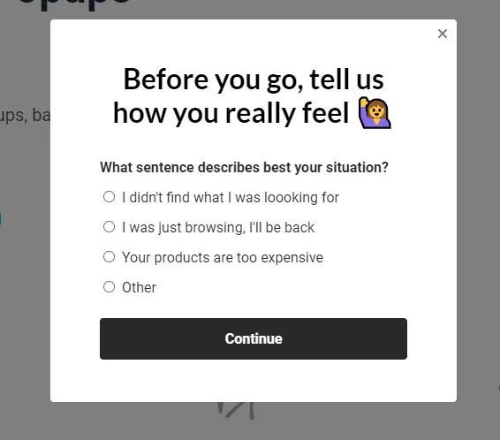 An example of popup survey on an ecommerce website