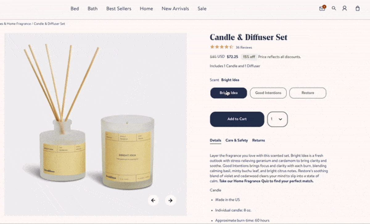 Product property selector above the add to cart button