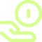 Green outline icon of an open hand holding a coin stamped with a vertical line, representing payment or donation.