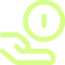Green outline icon of an open hand holding a coin stamped with a vertical line, representing payment or donation.