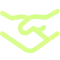 Neon green stylized handshake icon showing two hands clasping on a black background.