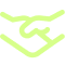Neon green stylized handshake icon showing two hands clasping on a black background.