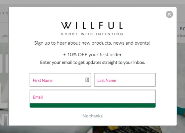 Willfull's Shopify Pop-up