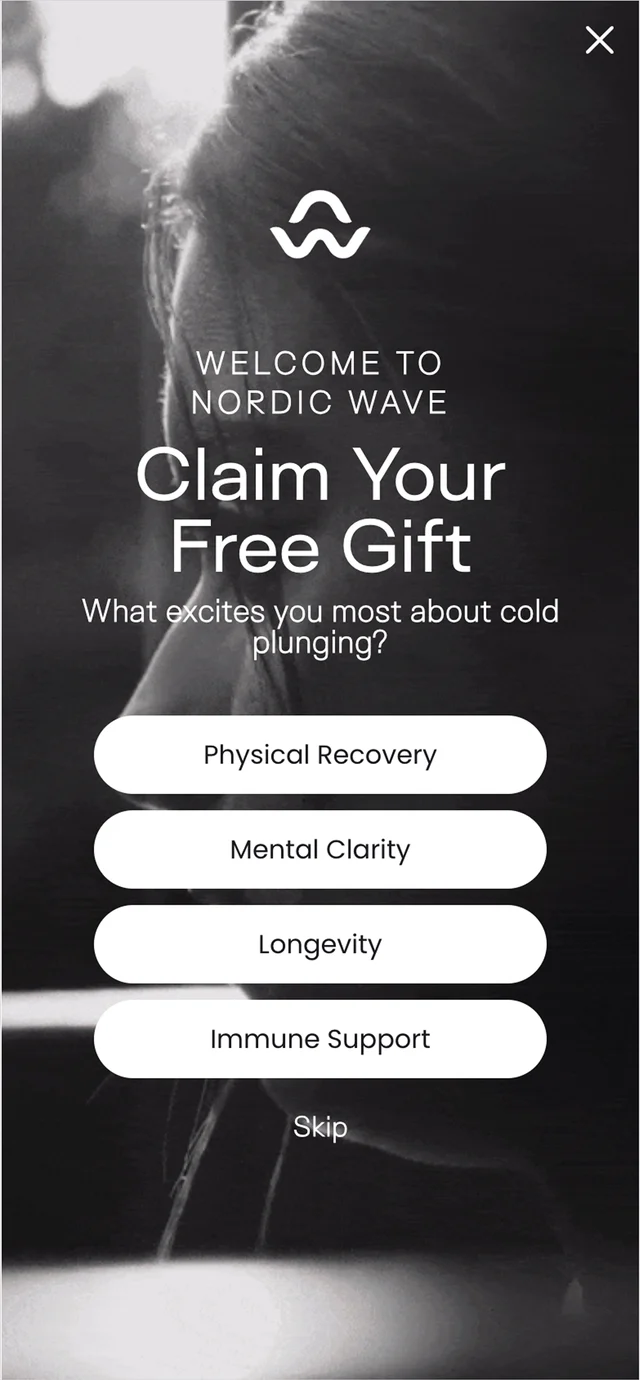 Nordic Wave popup headed Claim your free gift, asking what excites the visitor most about cold plunging, with four answer buttons