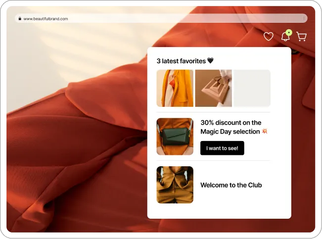 Website mockup: red-orange draped fabric background with a Wisepops feed showing three favorite thumbnails, a 30% discount promo and 'Welcome'.