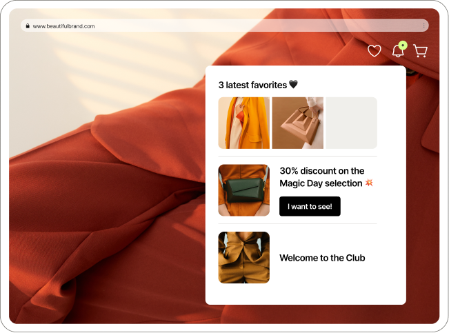 Website mockup: red-orange draped fabric background with a Wisepops feed showing three favorite thumbnails, a 30% discount promo and 'Welcome'.
