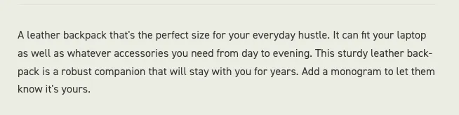 WP Standard copywriting for ecommerce example