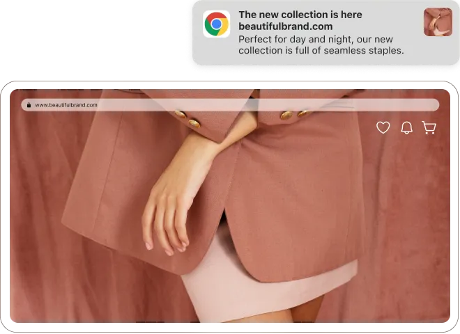 Website mockup: cropped person in dusty rose blazer and pale pink skirt, hand resting on jacket; browser bar and site icons visible.
