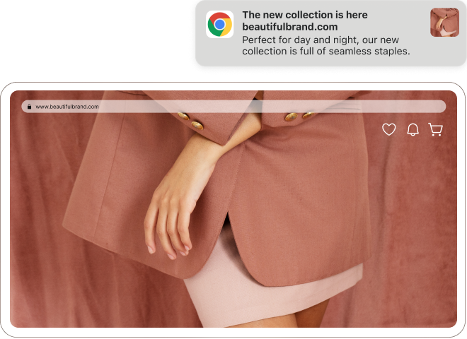 Website mockup: cropped person in dusty rose blazer and pale pink skirt, hand resting on jacket; browser bar and site icons visible.