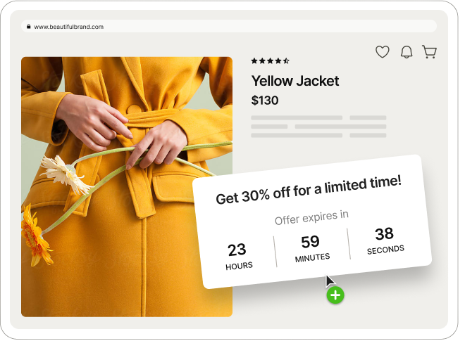 Product page: close-up of hands tying belt on mustard yellow jacket, holding flowers; 30% off limited-time countdown popup.