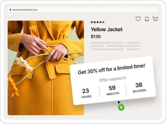 Product page: close-up of hands tying belt on mustard yellow jacket, holding flowers; 30% off limited-time countdown popup.