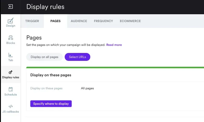 display rules pages popups