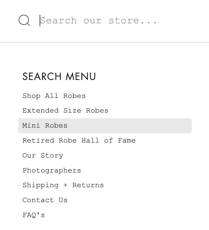 Search menu with categories