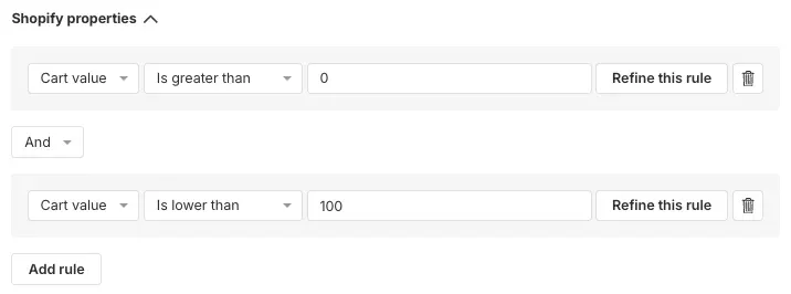 shopify properties cart targeting