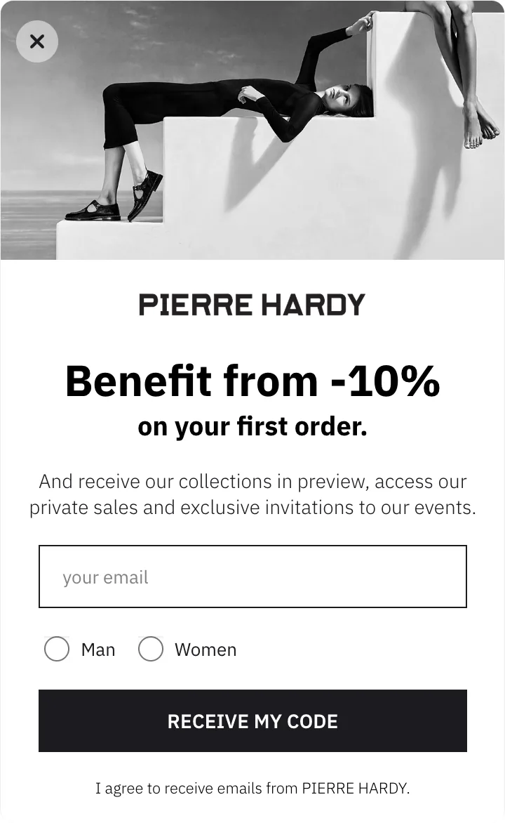 Pierre Hardy popup offering 10% off a first order, with a men or women preference