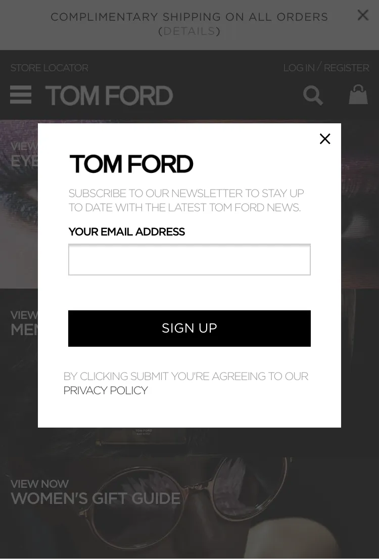 A mobile lightbox popup on Tom Ford's online store