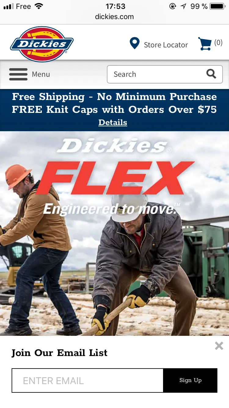 A mobile-friendly popup on Dickies.com