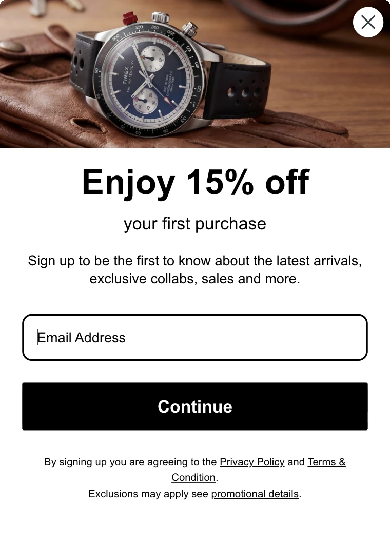 Timex popup offering 15% off the first purchase in exchange for an email address
