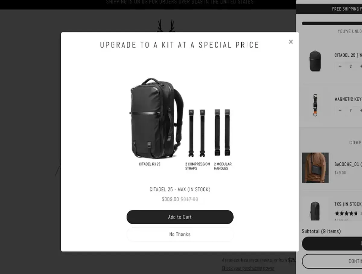 Upsell popup offering accessories at a bundle price