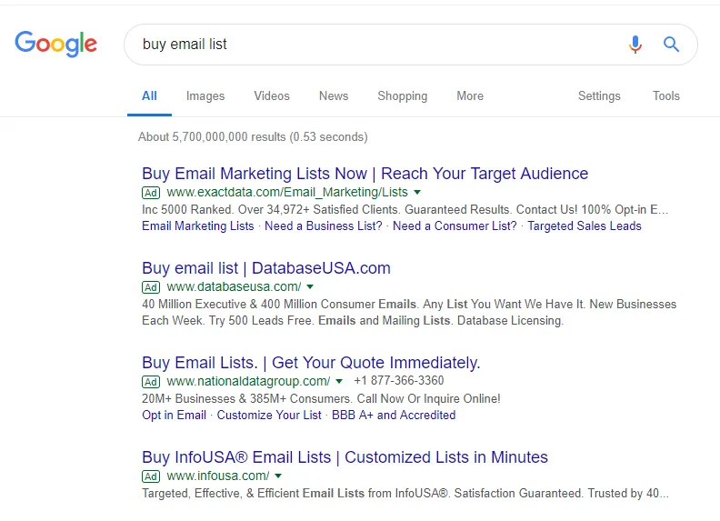 Screenshot from google search results for "buy email list" phrase