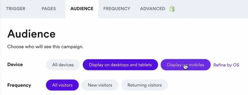shopify mobile popup settings