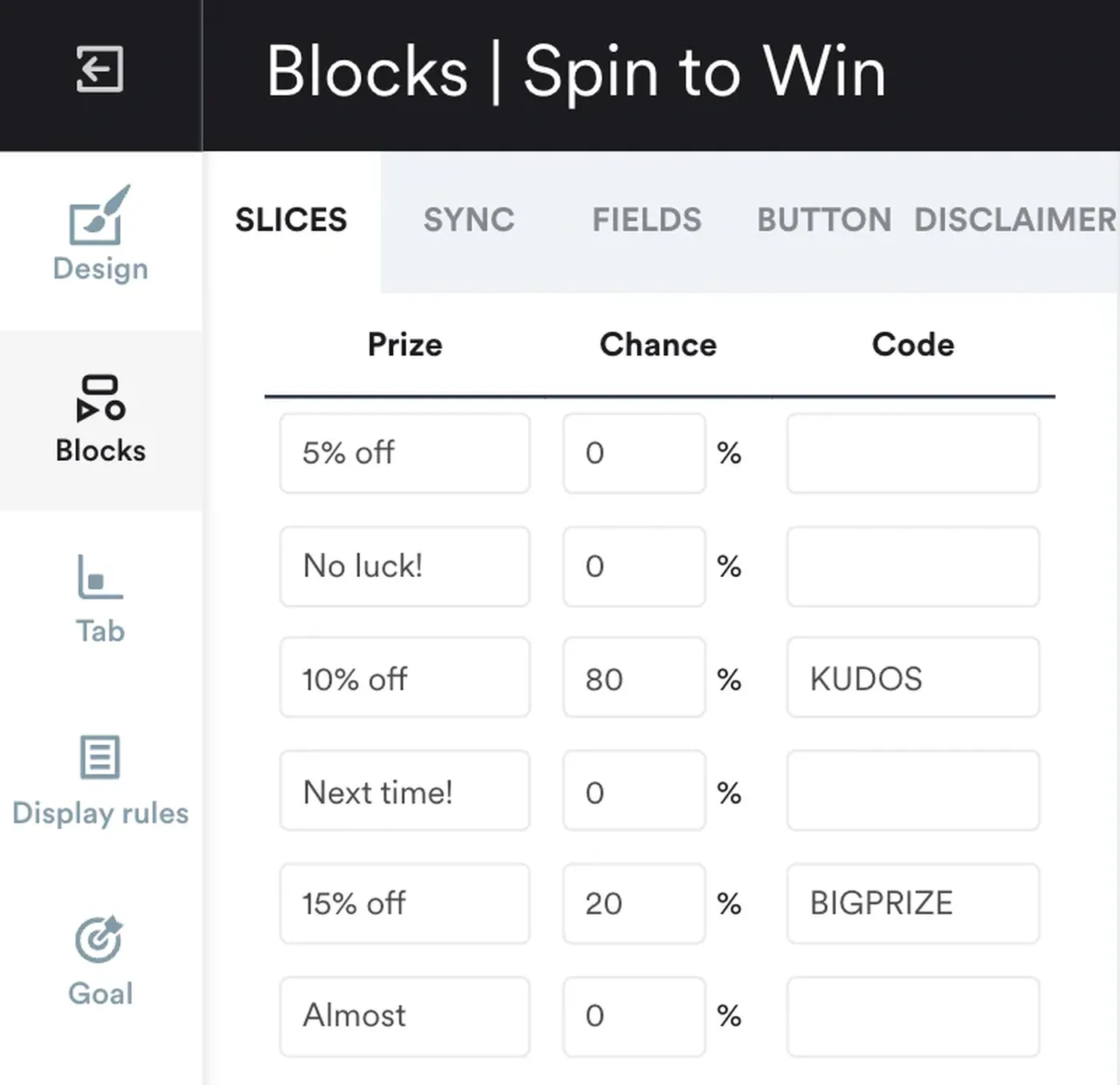 setting win probability for each prize slice
