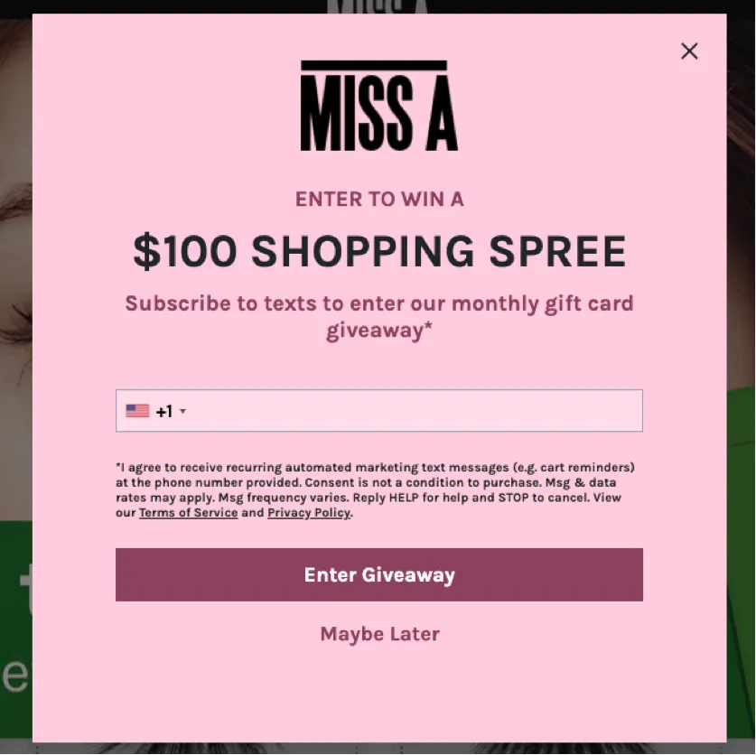 Miss A sms popup example