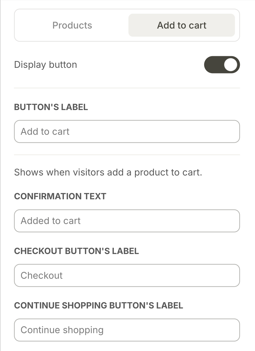 Settings menu for cart buttons in the popup, including options for display toggle, button labels, confirmation text, and checkout/shopping labels.