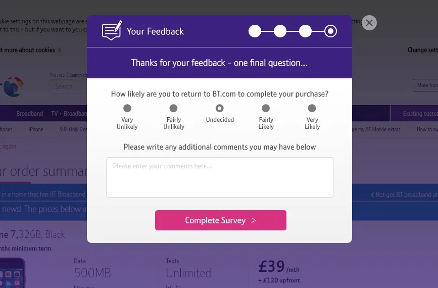 Example of popup overlay that asks about completing the purchase
